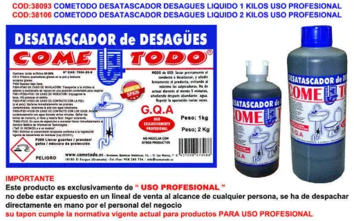 COMETODO DESATASCADOR DESAGUES LIQUIDO 1 KILOS USO PROFESIONAL